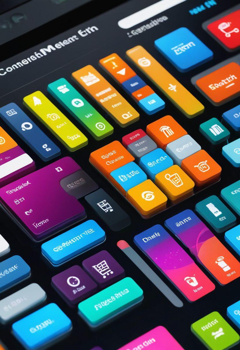 A dynamic scene showcasing a seamless transition from an e-commerce store with shopping carts and digital products to a high-tech content management system with interconnected servers and sleek dashboards. Include vibrant icons and flowing pathways between the two sectors to convey efficiency and integration. Super-realistic. vibrant colors.