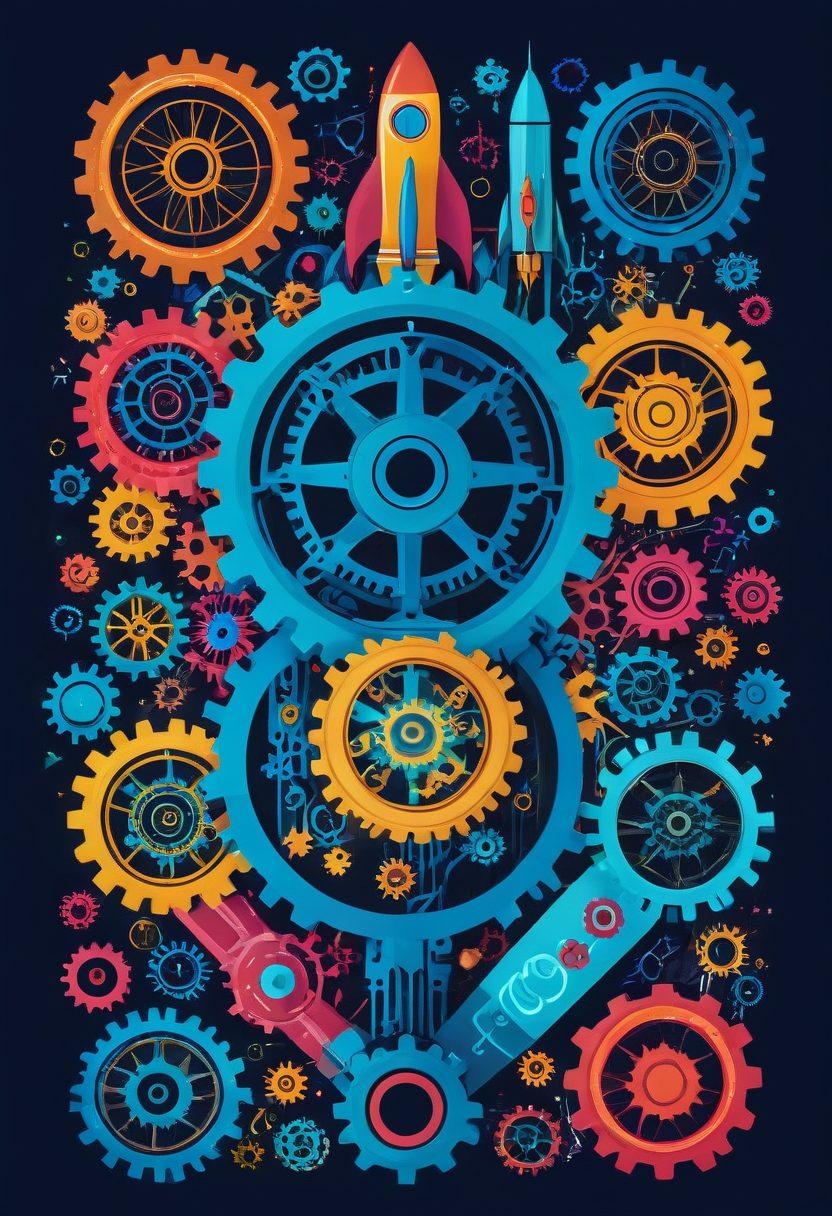 A dynamic and vibrant illustration of a website with interconnected gears symbolizing web hosting, and magnifying glasses highlighting SEO keywords. Include a rocket taking off to signify growth, with charts going upwards. Blend elements of technology like servers and search engines seamlessly. vector art. vibrant colors.