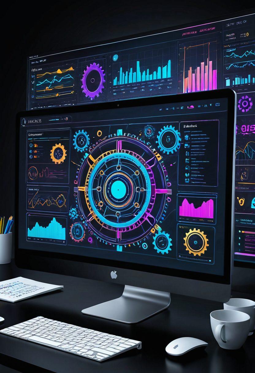 A dynamic illustration of a sleek, futuristic computer screen displaying various colorful web design elements like wireframes, graphics, and analytics charts, with gears and tools floating around symbolizing optimization processes. The background should have a gradient effect transitioning from a dark mode theme to a bright color palette. vector art. vibrant colors.
